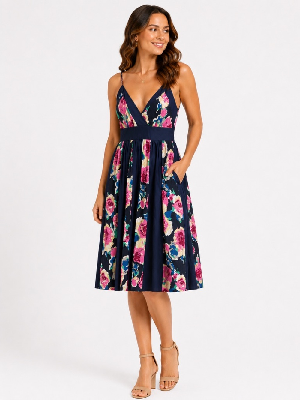 Orchids Blue Pink Floral Strappy Sundress Med Fit and Flare Summer Dress Lined